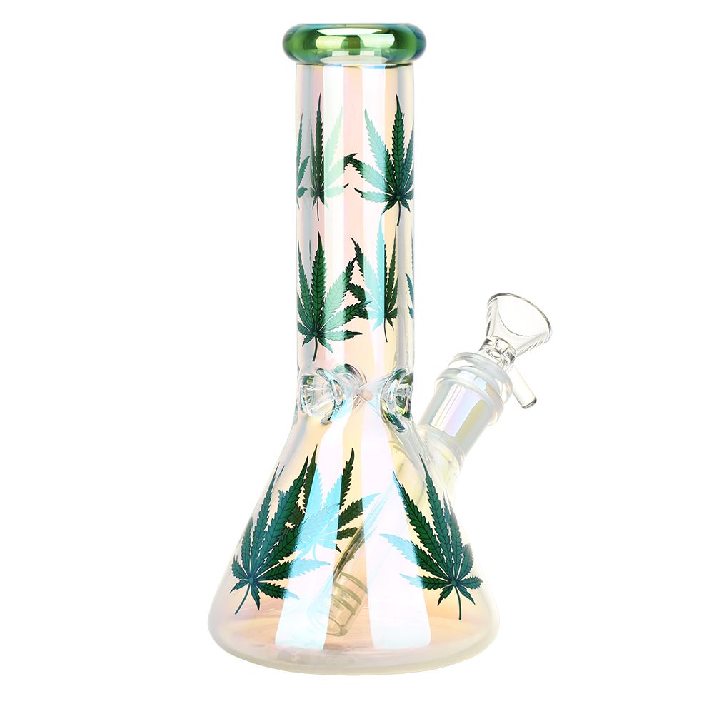 Realistic Hemp Leaf Beaker Glass Water Pipe - 7.75" / 14mm F