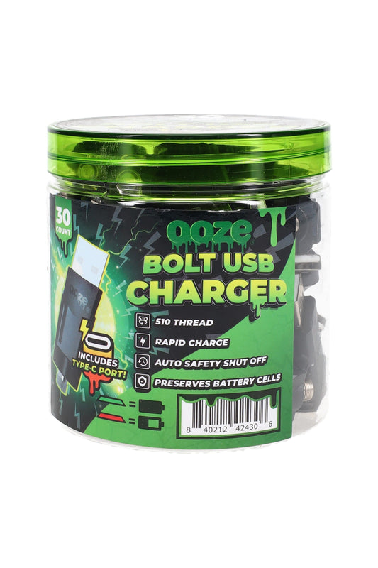 Ooze Bolt USB Charger – 510 Thread – Type-C Port – 30-Count Jar – Black