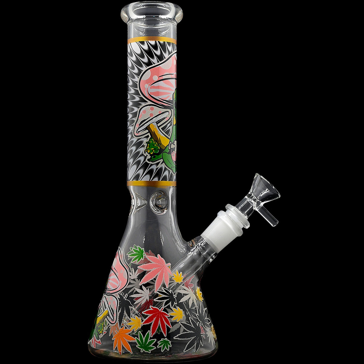 Aliens And Hemp Leaves Glow Glass Beaker Water Pipe-10"
