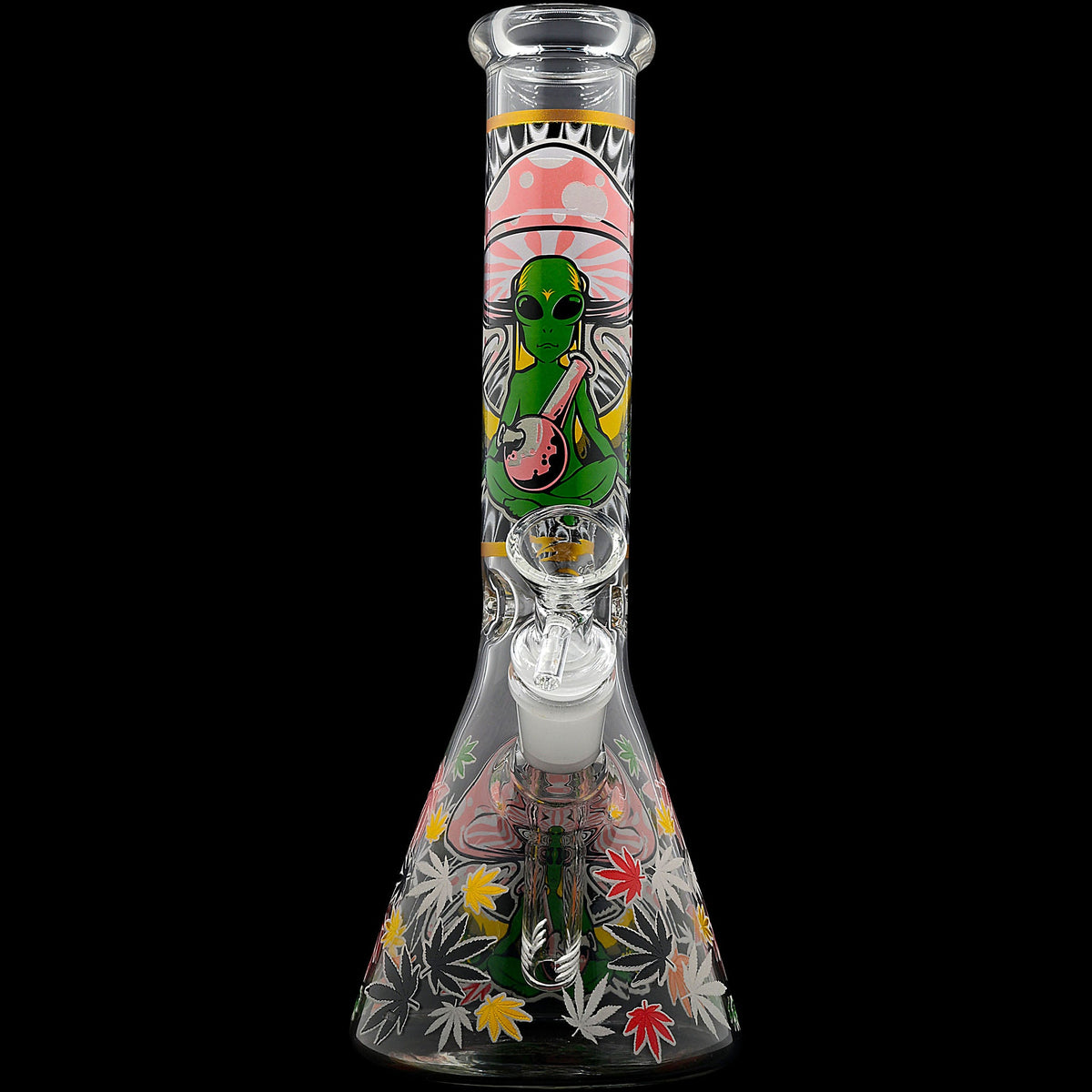 Aliens And Hemp Leaves Glow Glass Beaker Water Pipe-10"