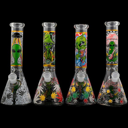 Aliens And Hemp Leaves Glow Glass Beaker Water Pipe-10"