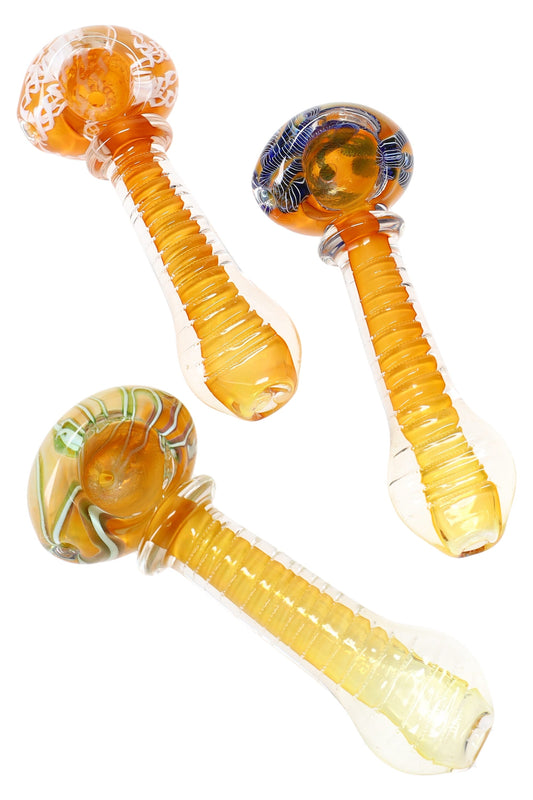 Gold Fumed Squiggle Glass Spoon Pipe “Squiggle Shine” – 4″ – Assorted Colors