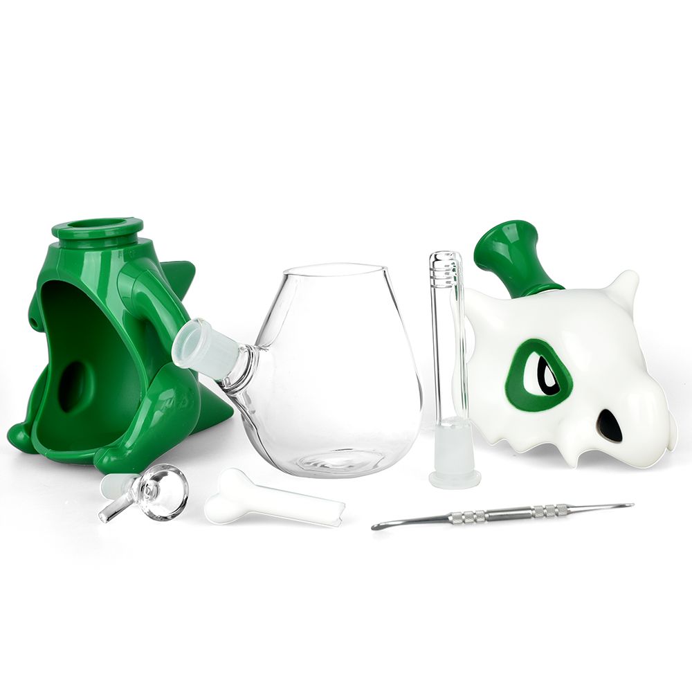Skull Beast Silicone and Glass Water Pipe + Dab Tool - 8.75" / 14mm F / Colors Vary