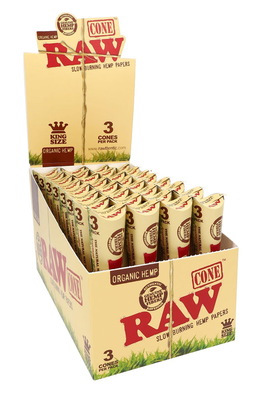 RAW Organic Hemp King Size Cones – 3/Pack – 32-Count Display