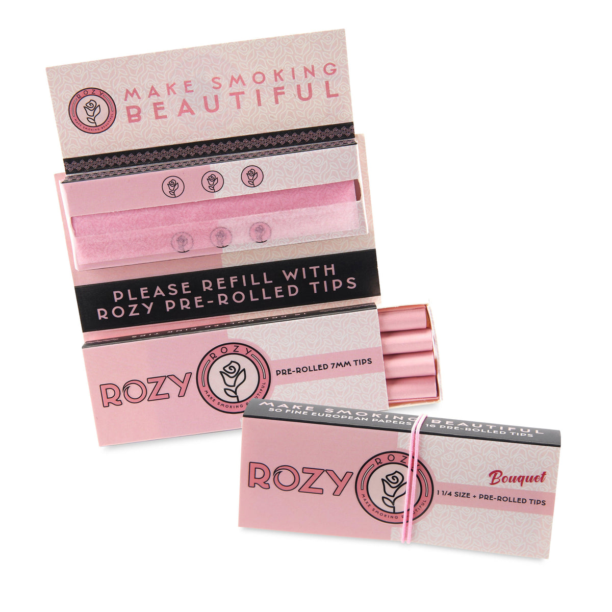 Rozy 1 1/4 Size Pink Rolling Paper and Tips - 2 Packs of 50 Papers and 16 Tips