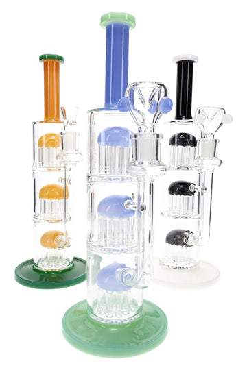Glass Straight Tube Bong “Jelly Stack” – Triple Tree Perc – 13″ – Assorted Colors